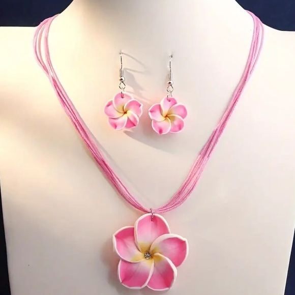 Tropical Pink Plumeria Flower Necklace & Earring Set - Picture 2 of 4